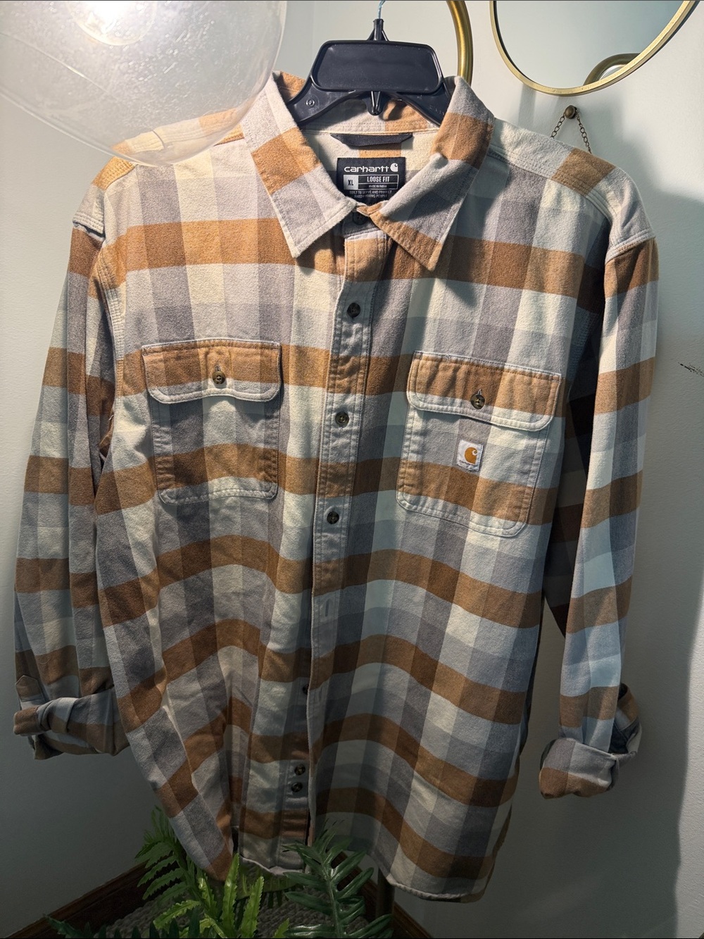 Carhartt Men’s Brown and Cream Plaid Button-Up Shirt